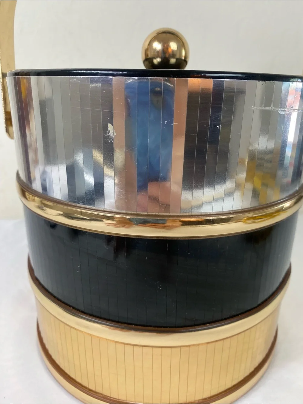 Vintage 1970s Disco ball Gold & Black Vintage Ice Bucket with Handle and tongs